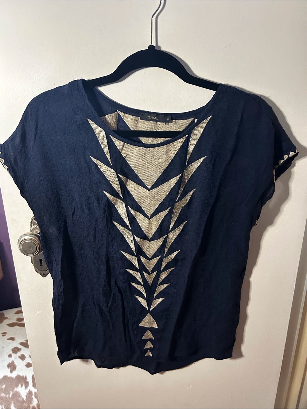 THML Navy Short Sleeve Top with Geometric Pattern